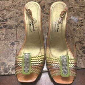 Dezario slings size 11 clear peach and green …..good condition 3 inch heel